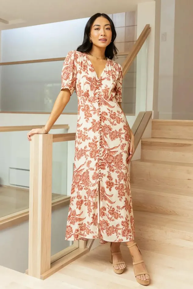 Lia Floral Midi Dress In Rust Rust Women Bohme Dresses