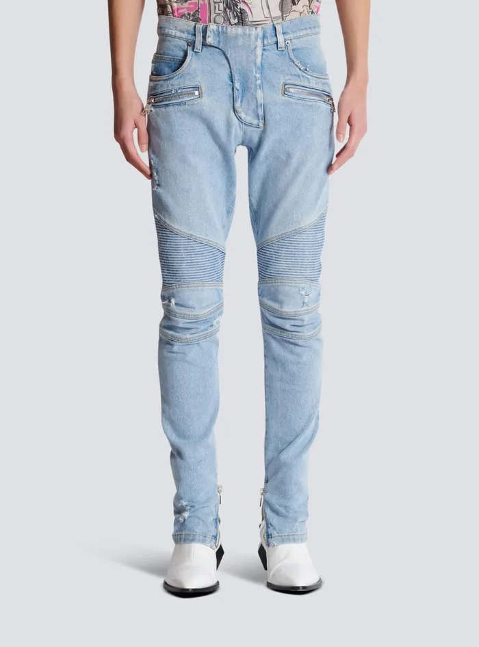 Light Blue Denim Biker Jeans Blue Men Balmain Denim