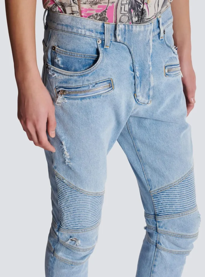 Light Blue Denim Biker Jeans Blue Men Balmain Denim