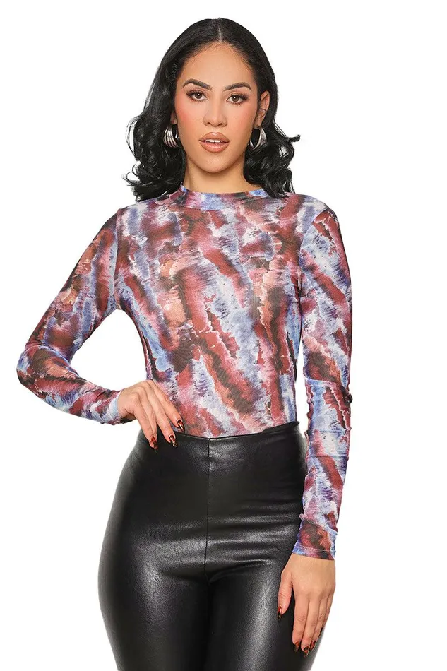 Lilly039s Kloset Bodysuits Women New Friends Mesh Bodysuit Blue Multi FINAL SALE
