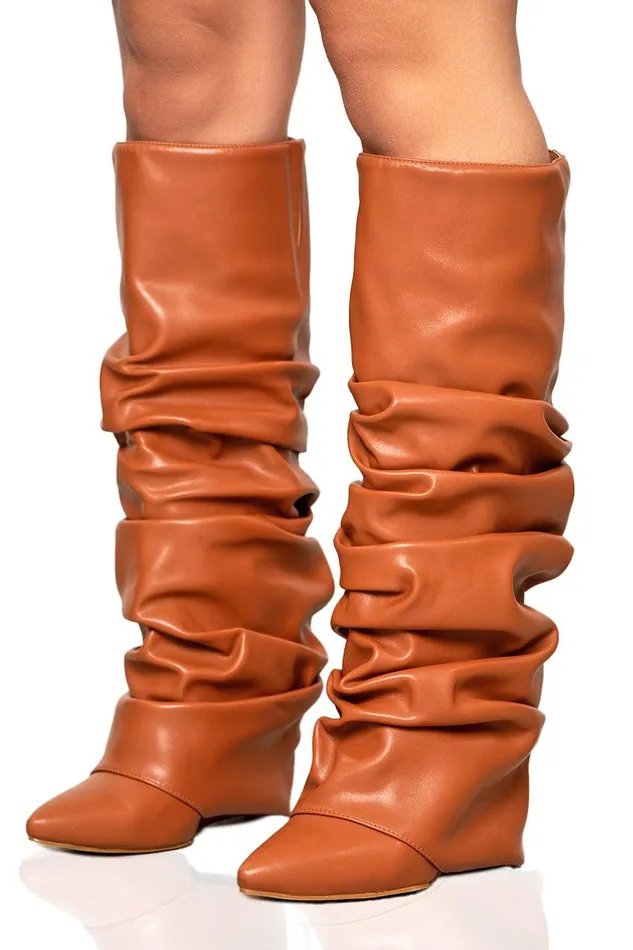 Lilly039s Kloset Boots Women Zumma Ruched Wedge Boot Chestnut FINAL SALE
