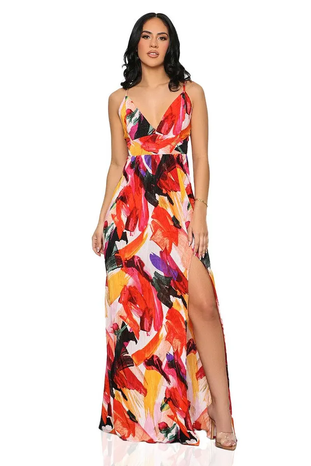 Lilly039s Kloset Dresses Women Bold Art High Slit Maxi Dress Red MultiFINAL SALE