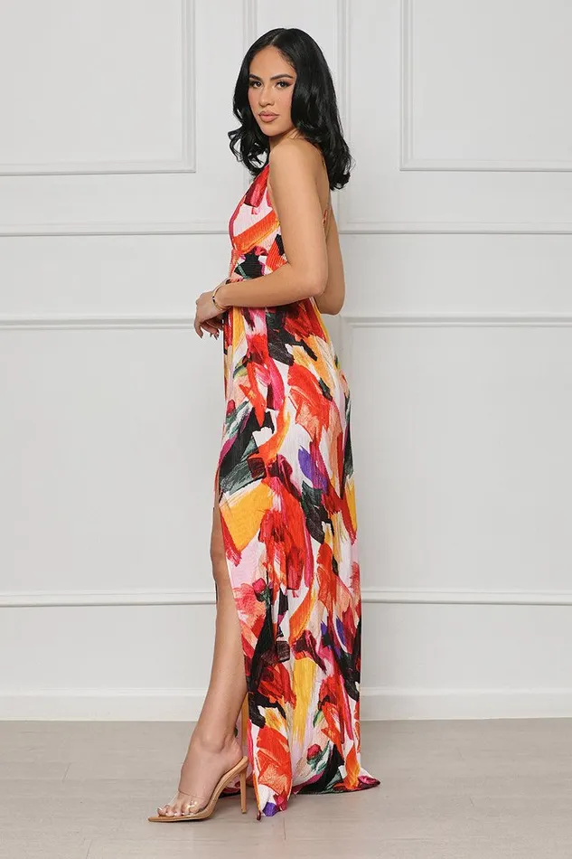 Lilly039s Kloset Dresses Women Bold Art High Slit Maxi Dress Red MultiFINAL SALE