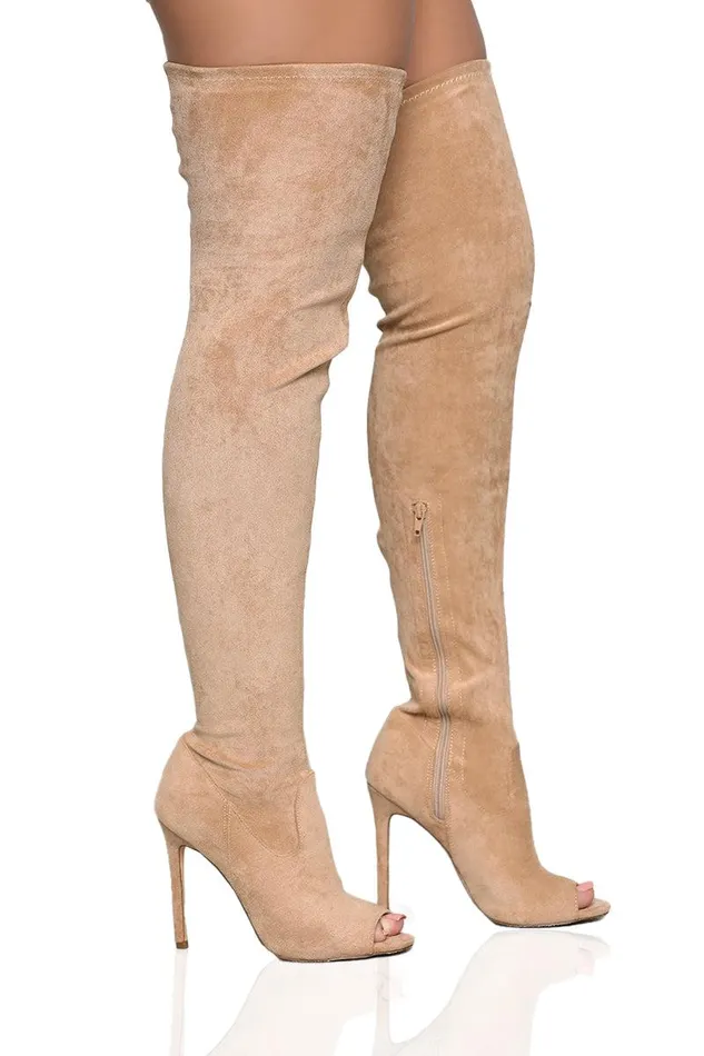 Lilly039s Kloset Heels Women Lori Thigh High Peep Toe Boot Taupe FINAL SALE