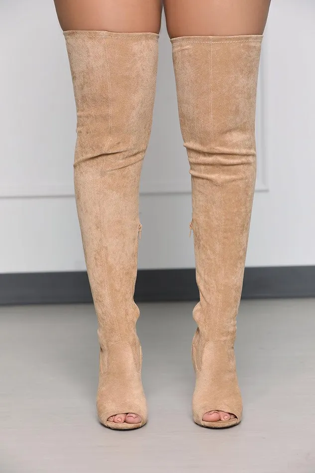 Lilly039s Kloset Heels Women Lori Thigh High Peep Toe Boot Taupe FINAL SALE