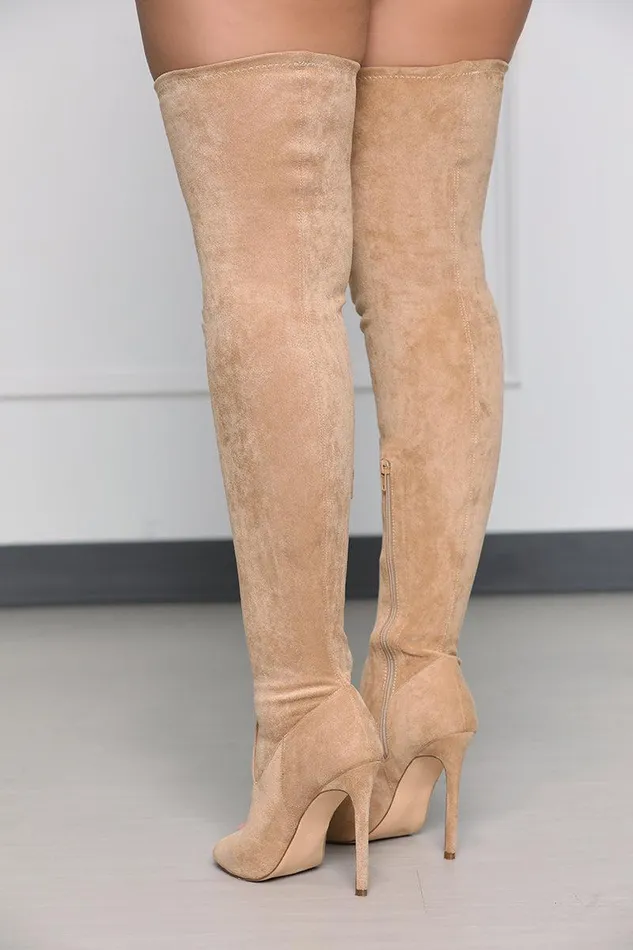 Lilly039s Kloset Heels Women Lori Thigh High Peep Toe Boot Taupe FINAL SALE