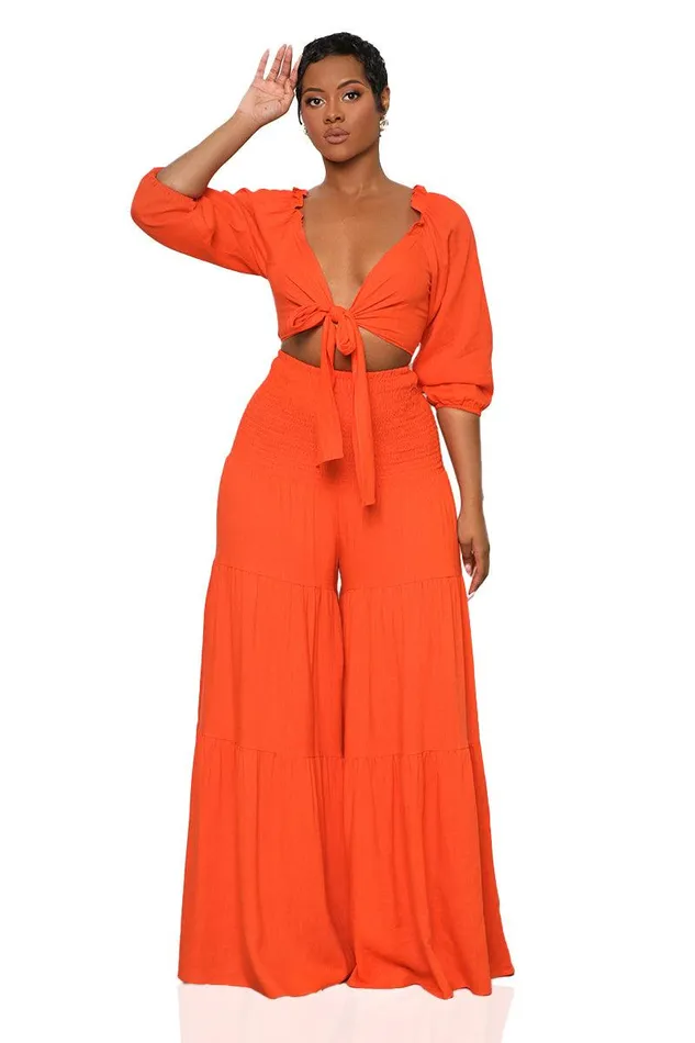 Lilly039s Kloset Sets Women Color Splash Wide Leg Pants Set Orange