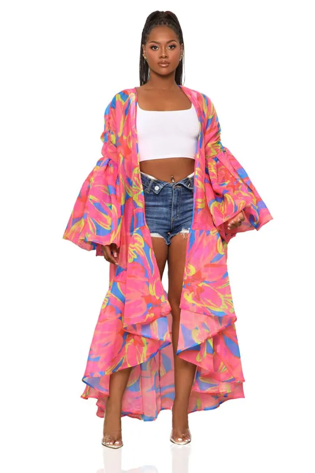 Lilly039s Kloset Tops Women Flower Child Organza Kimono Pink Multi