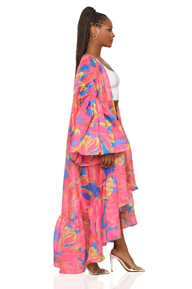 Lilly039s Kloset Tops Women Flower Child Organza Kimono Pink Multi