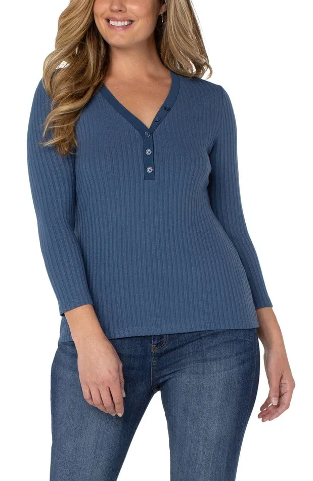 Liverpool Los Angeles 34 SLEEVE RIB KNIT HENLEY TOP Chambray Blue Women KNIT TOPS