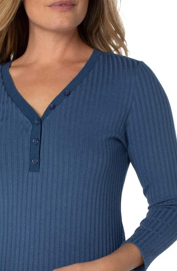 Liverpool Los Angeles 34 SLEEVE RIB KNIT HENLEY TOP Chambray Blue Women KNIT TOPS