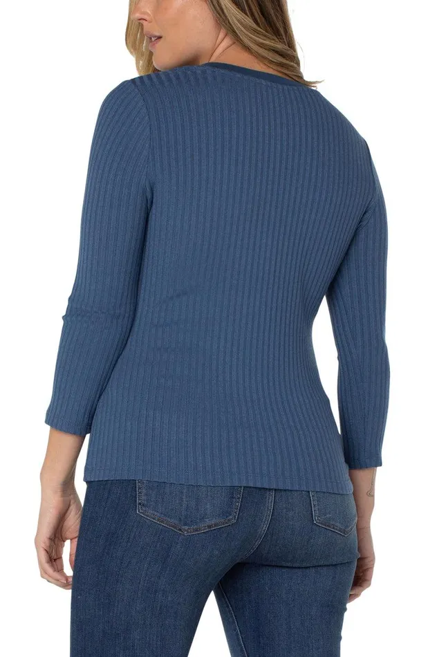 Liverpool Los Angeles 34 SLEEVE RIB KNIT HENLEY TOP Chambray Blue Women KNIT TOPS