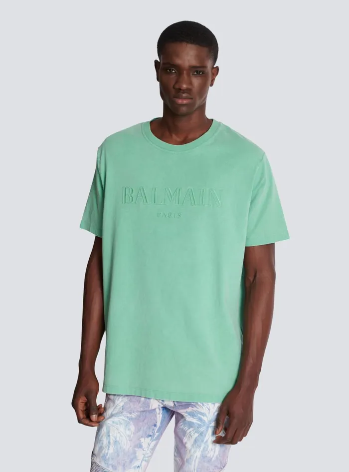 Loose Tshirt With Vintage Embroidery Green Men Balmain TShirts