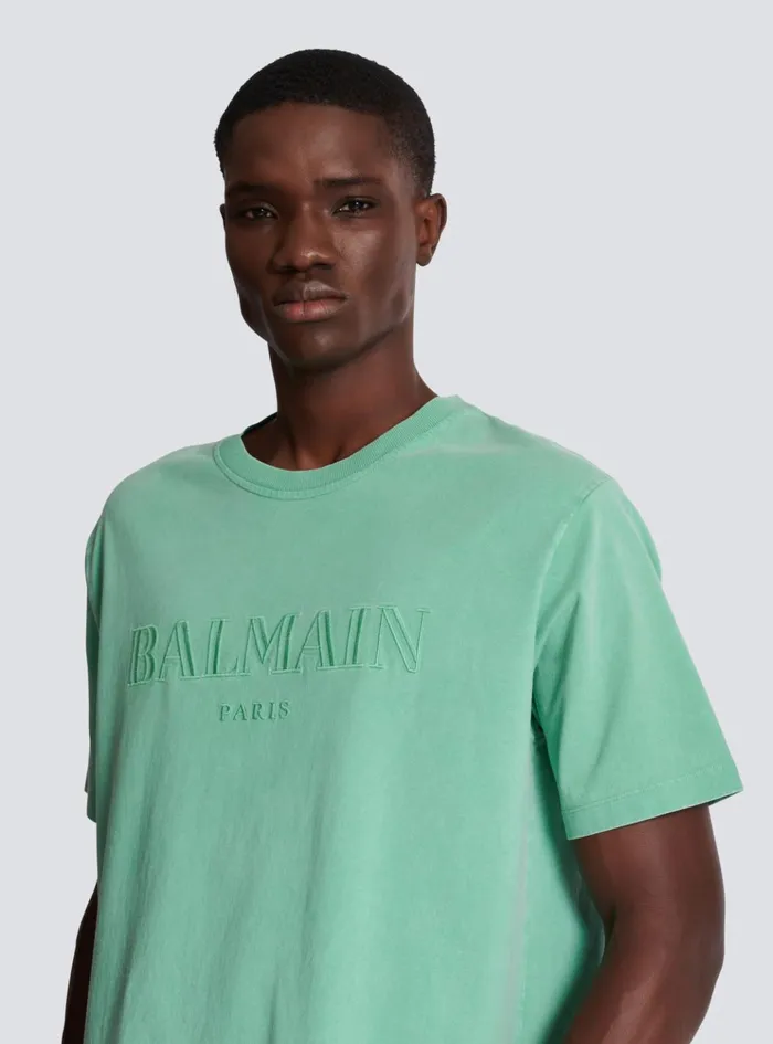 Loose Tshirt With Vintage Embroidery Green Men Balmain TShirts