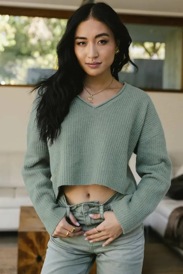 Lyra VNeck Sweater In Sage Sage Women Bohme Tops