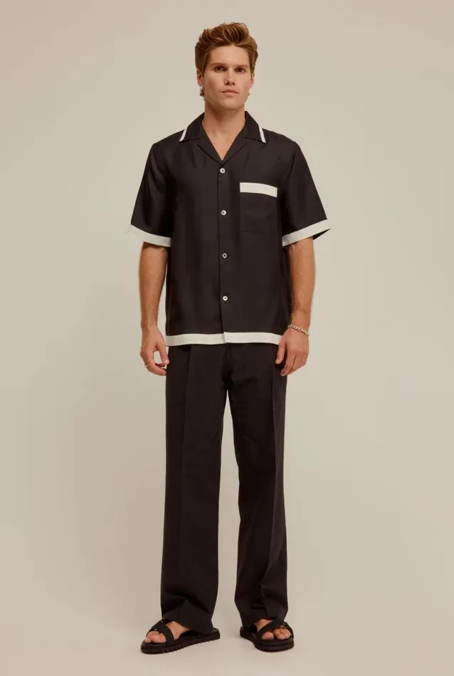 Man Venroy Shirts Silk Frayed Border Camp Collar Shirt