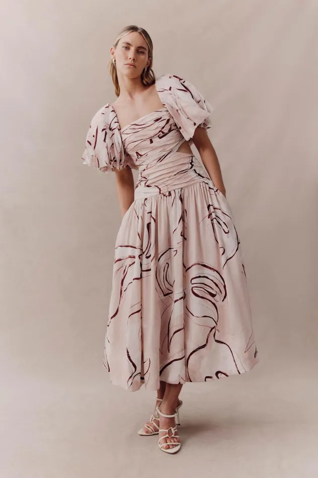 Marianne Ruched Midi Dress Whimsical Dove Women Aje Midi Dresses