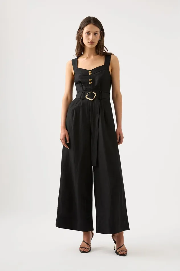 Maya Pintuck Wide Leg Jumpsuit Black Women Aje Jumpsuits 038 Playsuits