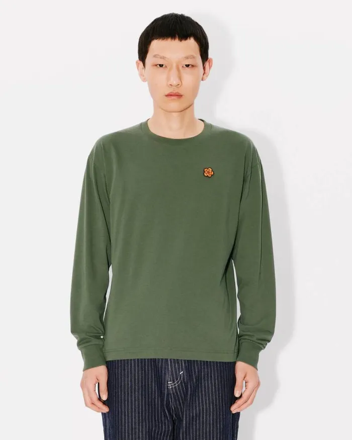 Men 039Boke Flower039 Embroidered Long Sleeve Tshirt In Cotton Dark Khaki Kenzo Tshirts And Polos