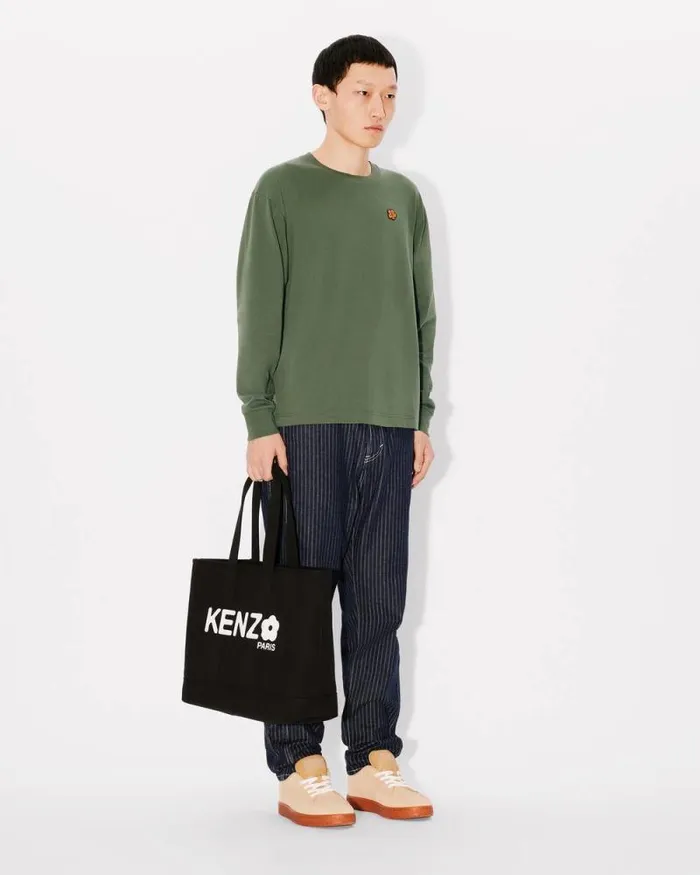 Men 039Boke Flower039 Embroidered Long Sleeve Tshirt In Cotton Dark Khaki Kenzo Tshirts And Polos