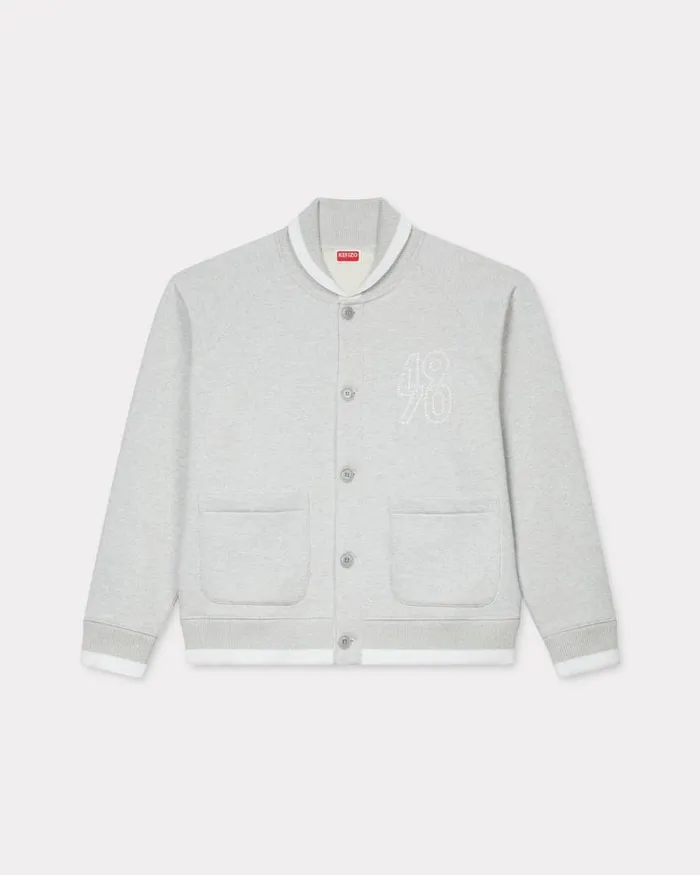 Men 039KENZO Constellation039 Embroidered Cardigan In Cotton Pale Grey Kenzo Sweatshirts And Hoodies