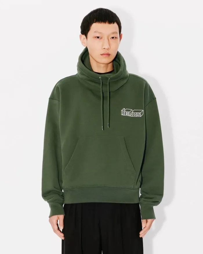 Men 039KENZO Kube039 Embroidered Snood Sweatshirt In Cotton Dark Khaki Kenzo Sweatshirts And Hoodies