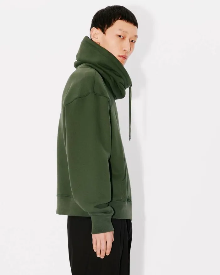 Men 039KENZO Kube039 Embroidered Snood Sweatshirt In Cotton Dark Khaki Kenzo Sweatshirts And Hoodies