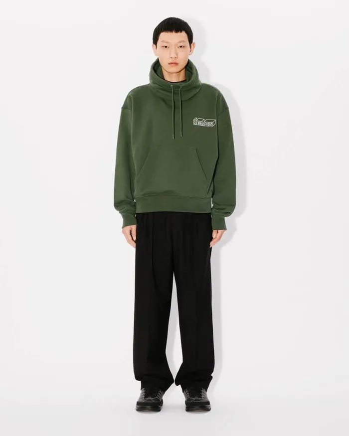 Men 039KENZO Kube039 Embroidered Snood Sweatshirt In Cotton Dark Khaki Kenzo Sweatshirts And Hoodies