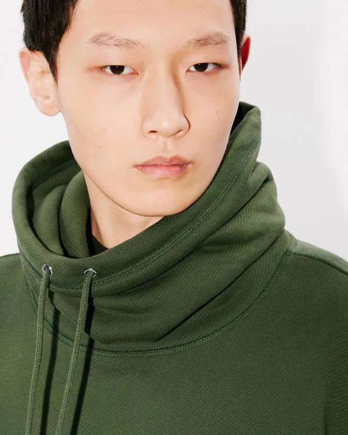 Men 039KENZO Kube039 Embroidered Snood Sweatshirt In Cotton Dark Khaki Kenzo Sweatshirts And Hoodies