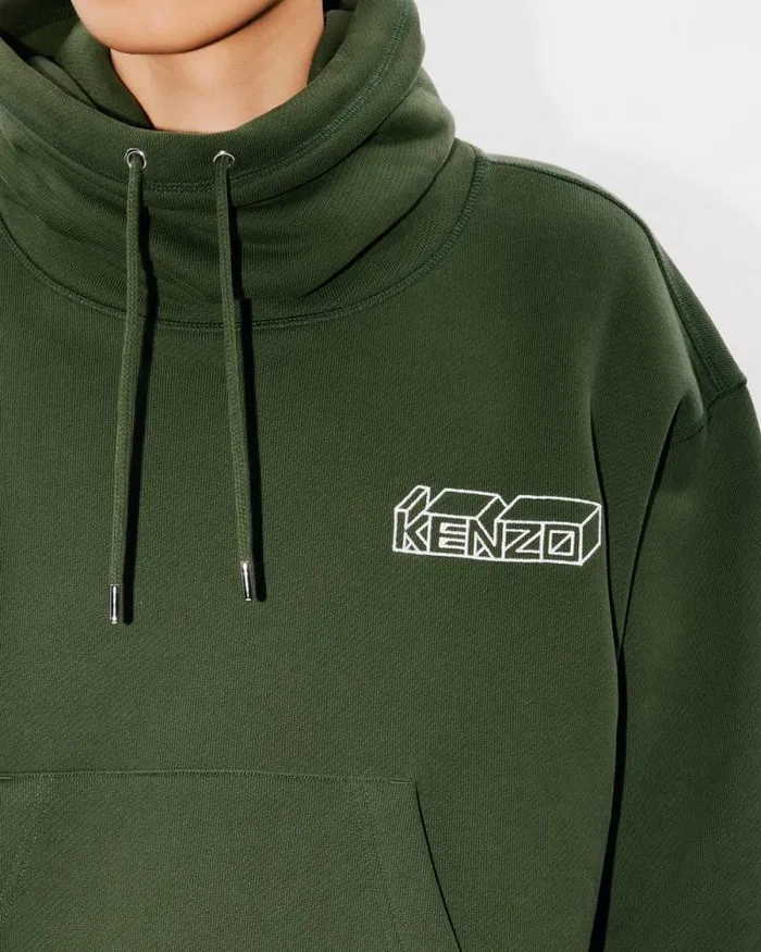 Men 039KENZO Kube039 Embroidered Snood Sweatshirt In Cotton Dark Khaki Kenzo Sweatshirts And Hoodies