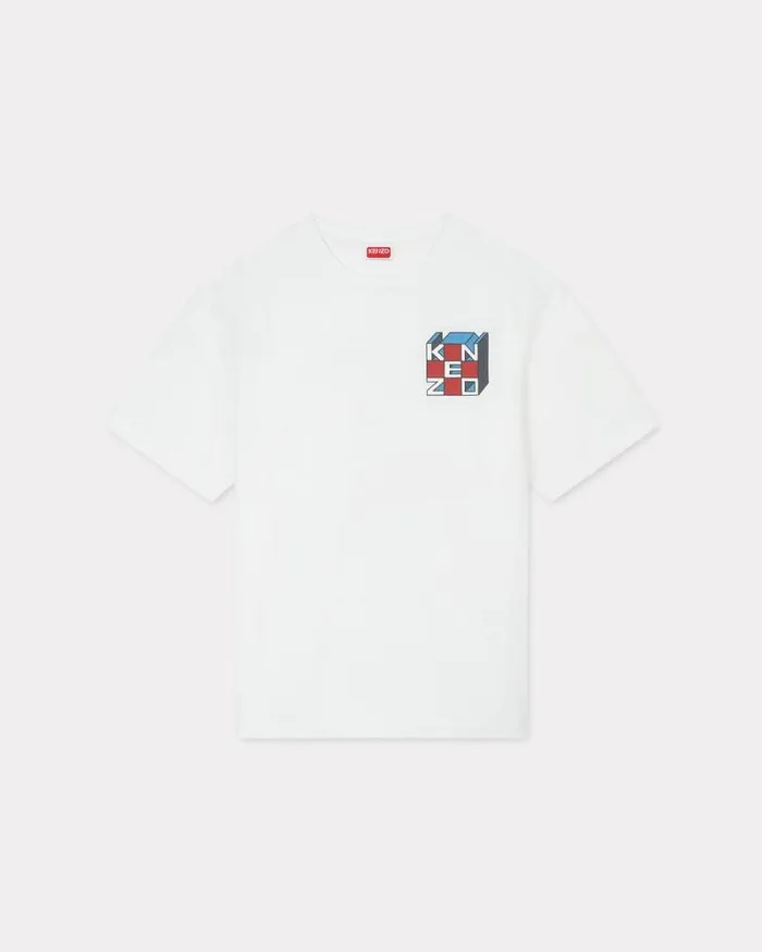 Men 039KENZO Kube039 Oversized Tshirt In Cotton Off White Kenzo Tshirts And Polos