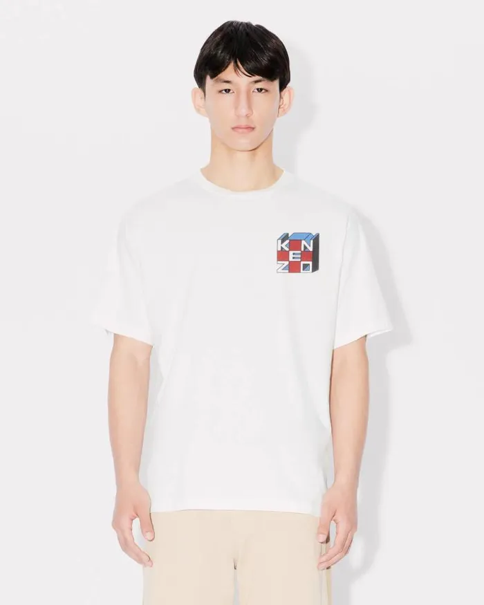 Men 039KENZO Kube039 Oversized Tshirt In Cotton Off White Kenzo Tshirts And Polos