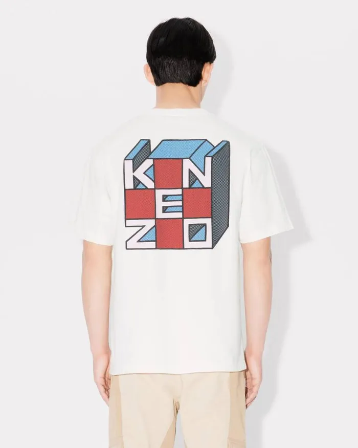 Men 039KENZO Kube039 Oversized Tshirt In Cotton Off White Kenzo Tshirts And Polos