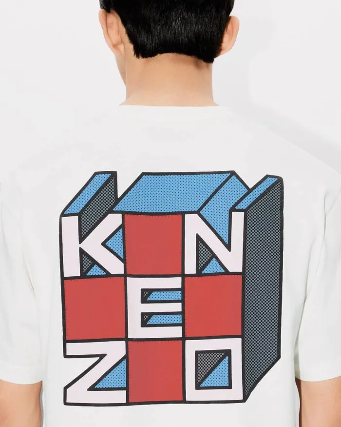 Men 039KENZO Kube039 Oversized Tshirt In Cotton Off White Kenzo Tshirts And Polos