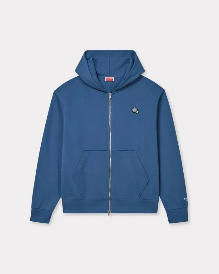 Men 039KENZO Pop039 Embroidered Zipped Hoodie In Cotton Blue Kenzo Sweatshirts And Hoodies