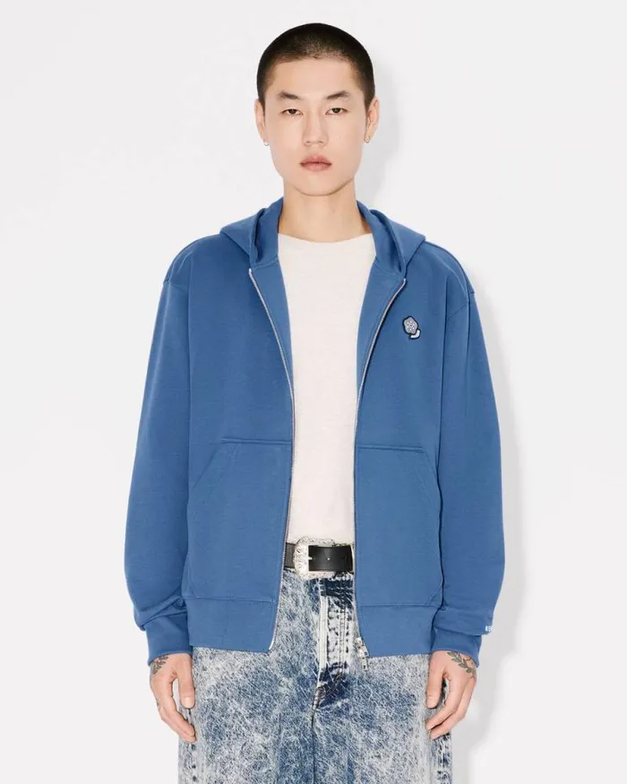 Men 039KENZO Pop039 Embroidered Zipped Hoodie In Cotton Blue Kenzo Sweatshirts And Hoodies