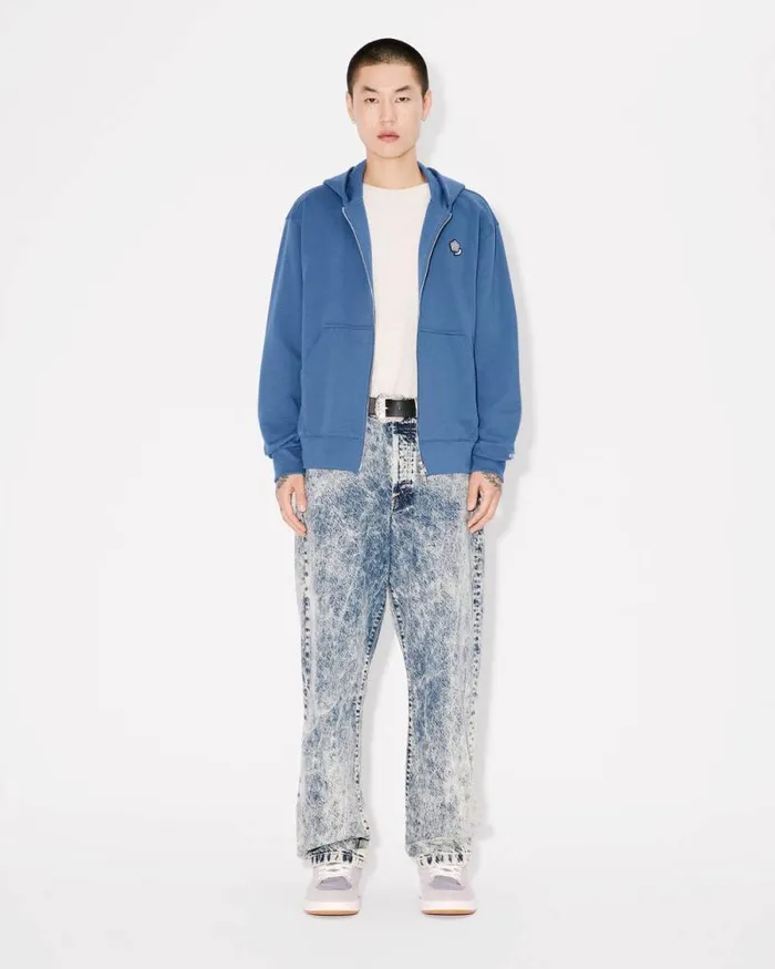 Men 039KENZO Pop039 Embroidered Zipped Hoodie In Cotton Blue Kenzo Sweatshirts And Hoodies
