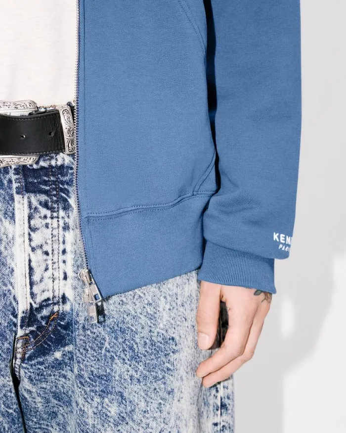 Men 039KENZO Pop039 Embroidered Zipped Hoodie In Cotton Blue Kenzo Sweatshirts And Hoodies