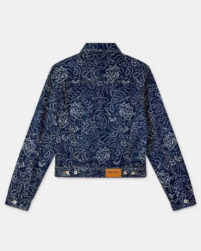 Men 039KENZO Star Tiger039 Trucker Jacket In Japanese Denim Rinse Blue Denim Kenzo Jackets And Coats
