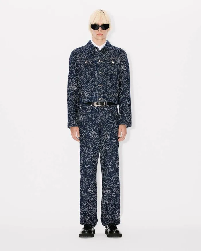 Men 039KENZO Star Tiger039 Trucker Jacket In Japanese Denim Rinse Blue Denim Kenzo Jackets And Coats
