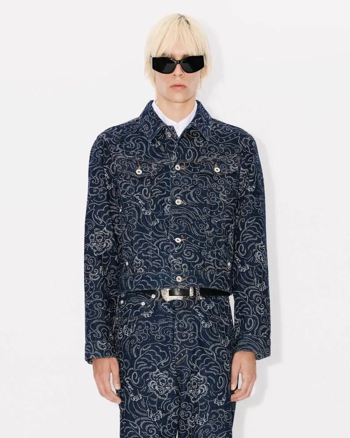 Men 039KENZO Star Tiger039 Trucker Jacket In Japanese Denim Rinse Blue Denim Kenzo Jackets And Coats