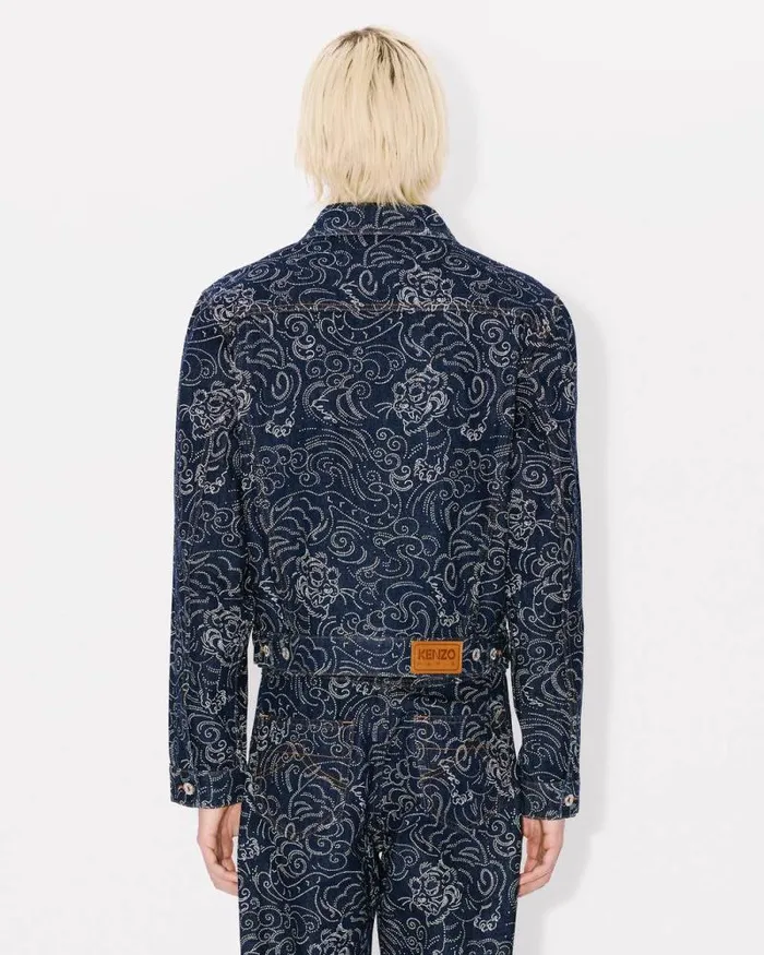 Men 039KENZO Star Tiger039 Trucker Jacket In Japanese Denim Rinse Blue Denim Kenzo Jackets And Coats