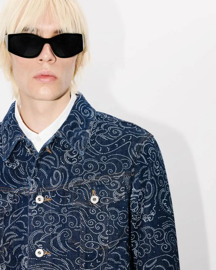 Men 039KENZO Star Tiger039 Trucker Jacket In Japanese Denim Rinse Blue Denim Kenzo Jackets And Coats