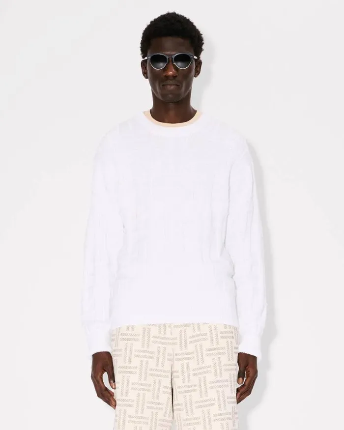 Men 039KENZO Weave039 Embroidered Jumper In Cotton Off White Kenzo Sweaters And Cardigans