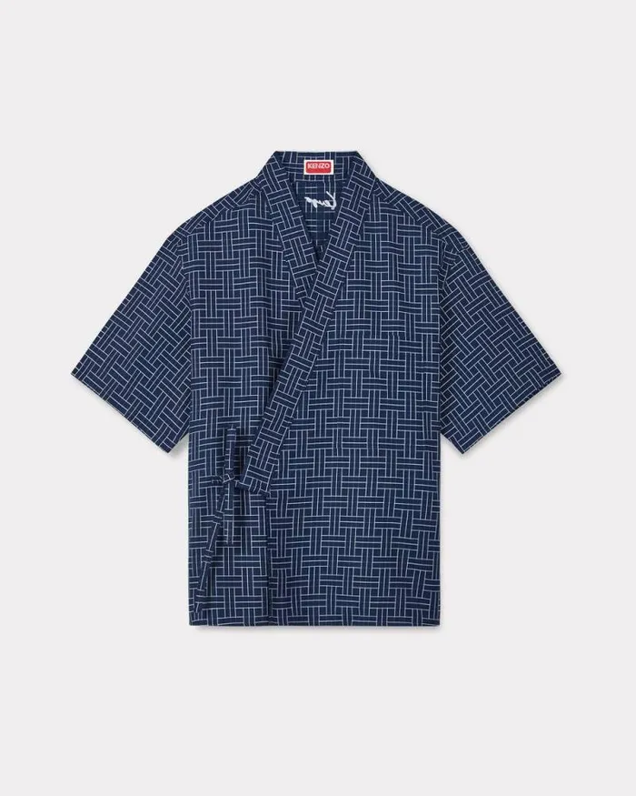 Men 039KENZO Weave039 Kimono Shirt Midnight Blue Kenzo Shirts