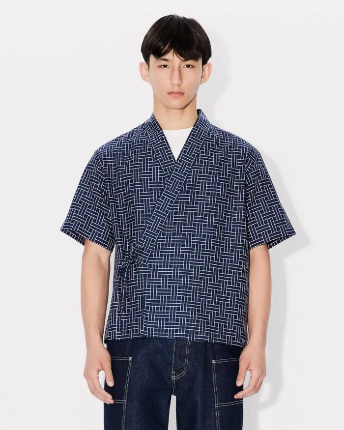 Men 039KENZO Weave039 Kimono Shirt Midnight Blue Kenzo Shirts