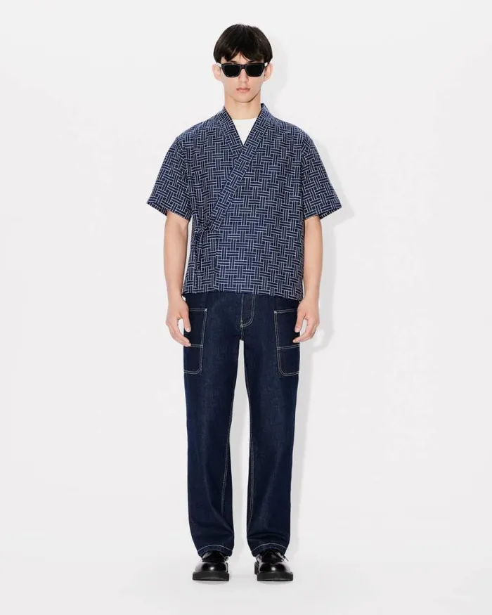 Men 039KENZO Weave039 Kimono Shirt Midnight Blue Kenzo Shirts
