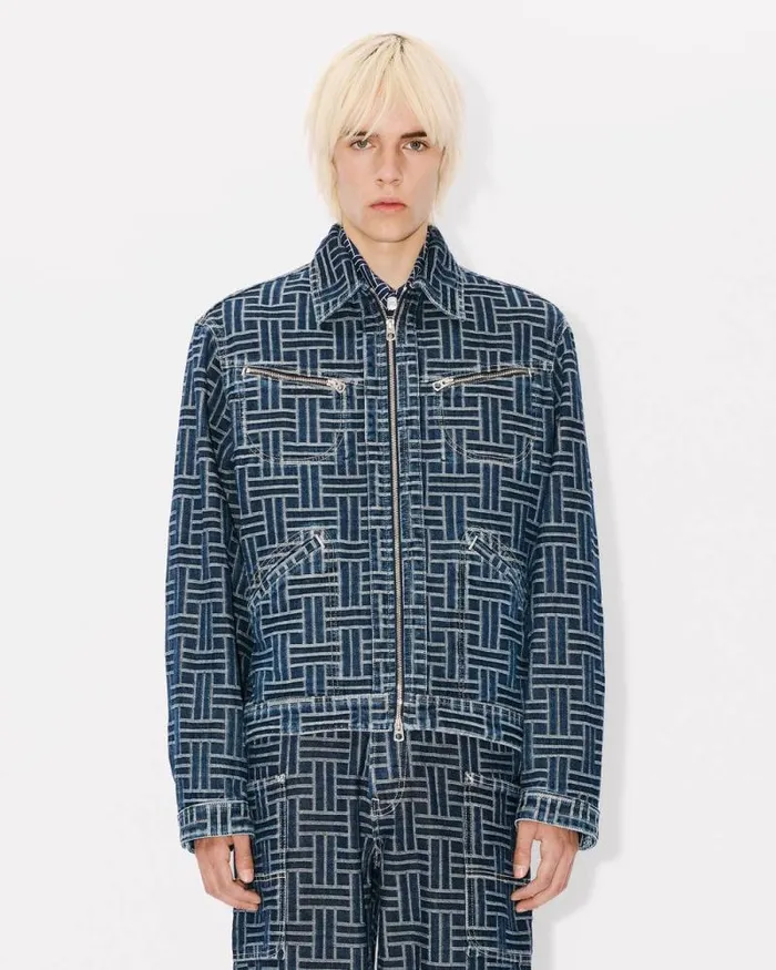 Men 039KENZO Weave039 Trucker Jacket In Japanese Denim Dark Stone Blue Denim Kenzo Jackets And Coats