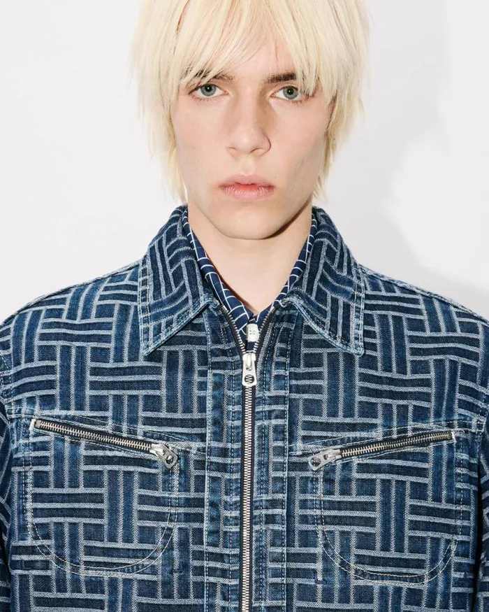 Men 039KENZO Weave039 Trucker Jacket In Japanese Denim Dark Stone Blue Denim Kenzo Jackets And Coats