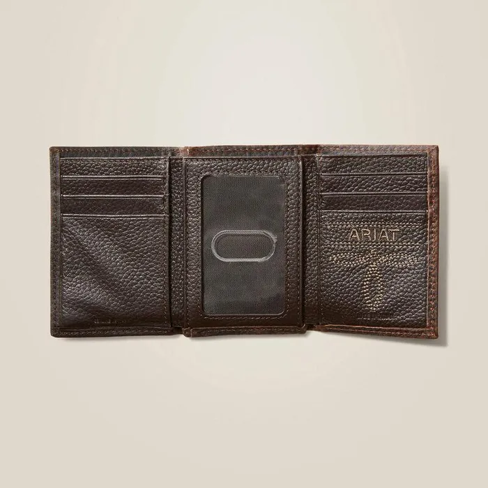 Men Bags and Wallets Ariat Trifold Wallet Stacked Logo Brown Rowdy